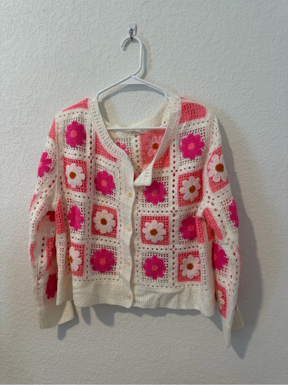 BiBi Cream Crochet Cardigan with Pink Floral Squares